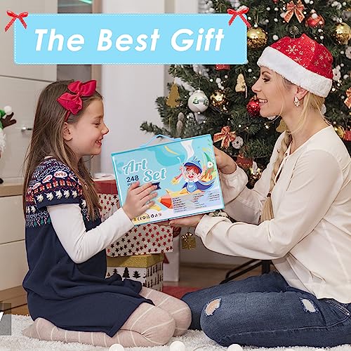 Art Supplies 248 Pieces, Girls Boys Teen Artist Drawing Art Kit, Arts and Crafts Gift, Art Set Box with Reversible Tri-Fold Easel, A4 Paper, Coloring Book, Oil Pastels, Crayons, Colored Pencils, Bule