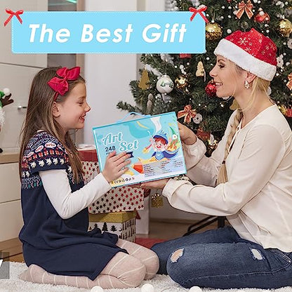 Art Supplies 248 Pieces, Girls Boys Teen Artist Drawing Art Kit, Arts and Crafts Gift, Art Set Box with Reversible Tri-Fold Easel, A4 Paper, Coloring Book, Oil Pastels, Crayons, Colored Pencils, Bule