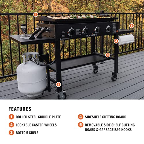 Blackstone 36" Cooking Station 4 Burner Propane Fuelled Restaurant Grade Professional 36 Inch Outdoor Flat Top Gas Griddle with Built in Cutting Board, Garbage Holder and Side Shelf (1825), Black