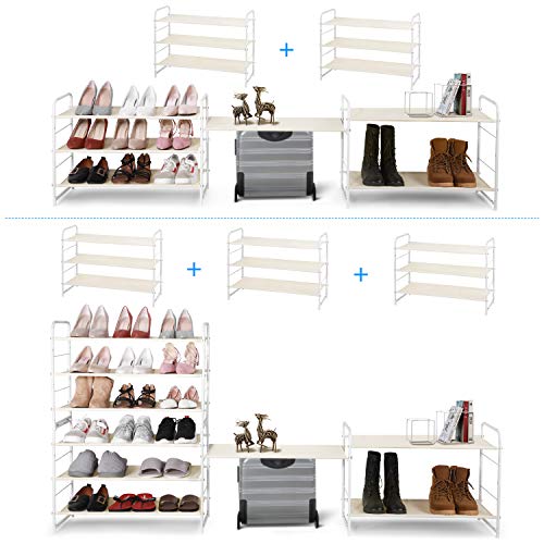 Simple Trending 6-Tier Stackable Shoe Rack, Expandable & Adjustable Fabric Shoe Shelf Storage Organizer, White