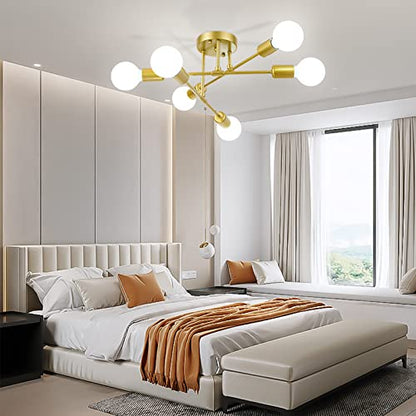 Soilsiu Modern Sputnik Chandelier Ceiling Light Fixture, 6-Light Gold Mid Century Semi Flush Mount Ceiling Lights for Bedroom, Dining Room, Living Room, Kitchen, Office (Gold, W:16.5",H:8")