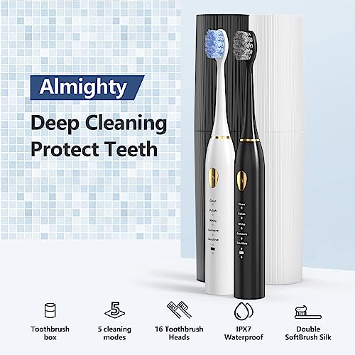 MOROLURU Electric Toothbrush Dual Handle 5 Modes with Smart Timer and 16 Brush Heads & 2 Travel Cases Including IPX7 Waterproof ，Black&White