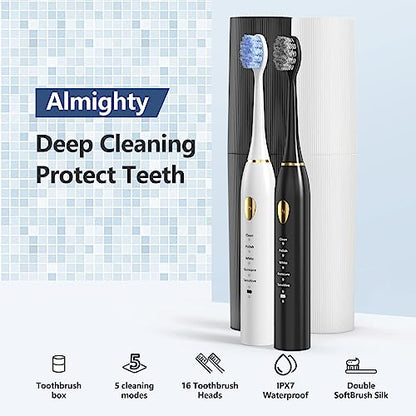 MOROLURU Electric Toothbrush Dual Handle 5 Modes with Smart Timer and 16 Brush Heads & 2 Travel Cases Including IPX7 Waterproof ，Black&White