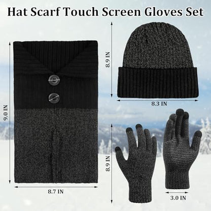 3-Pieces Winter Beanie Hats, Scarf and Touch Screen Gloves Set for Men and Women, Warm Knit Cap Set Dark Grey-2