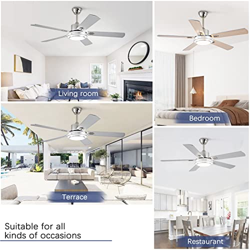 UOJ 52” Ceiling Fans with Lights and Remote Control,Modern Indoor Outdoor Ceiling Fan with 5 Double-sided Wood Blade for Patio,Farmhouse,LivingRoom,Bedroom,Office(silver)
