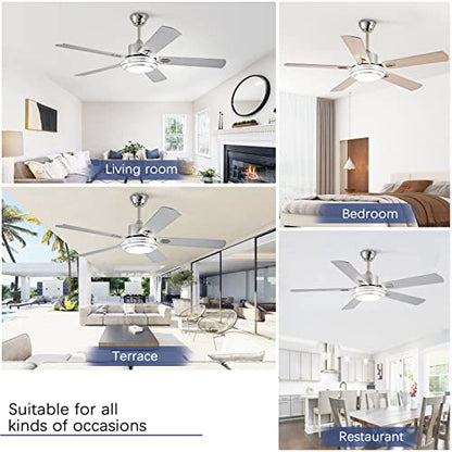 UOJ 52” Ceiling Fans with Lights and Remote Control,Modern Indoor Outdoor Ceiling Fan with 5 Double-sided Wood Blade for Patio,Farmhouse,LivingRoom,Bedroom,Office(silver)