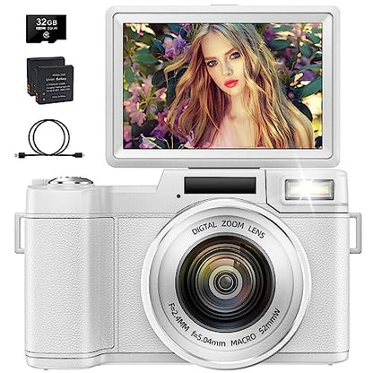 4K Digital Camera for Photography, Autofocus 48MP Vlogging Camera for YouTube with 16X Digital Zoom, White Camera, 3’’180°Flip Screen Compact Video Camera with Liftable Flash, SD Card&2 Batteries