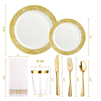 175 Piece Gold Dinnerware Set 25 Guest-50 Gold Lace Plastic Plates-25 Gold Plastic Silverware-25 Gold Plastic Cups-25 Linen Like Gold Paper Napkins, FOCUSLINE Disposable Dinnerware Set
