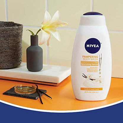 NIVEA Vanilla and Sweet Cream Pampering Body Wash with Nourishing Serum, 20 Fl Oz Bottle 3 BOTTLES!