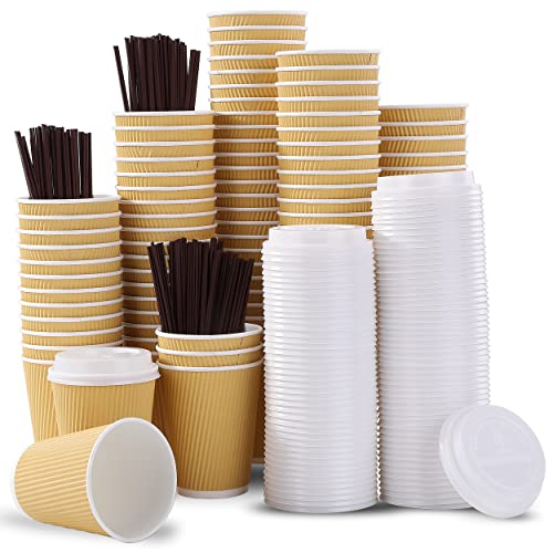 UPDATE: ALIVE AGAIN! PALERMOS [12 oz-100 Pack Disposable Coffee Cups with Lids 12 Oz- To Go Coffee Paper Cups with Lids & Stirrers - Hot/Cold Paper Coffee Cups for Drinks, Tea, Coffee -Hot Cups for Shops, Cafes, Home