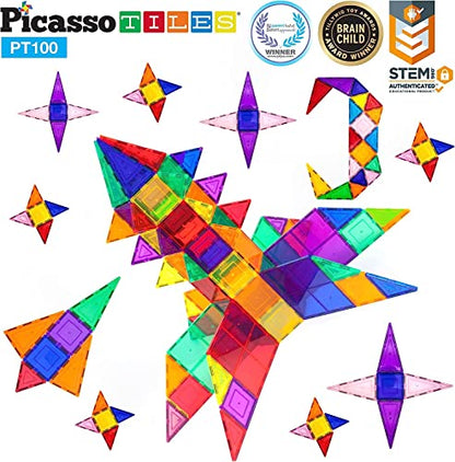 PicassoTiles 100 Piece Set 100pcs Magnet Building Tiles Clear Magnetic 3D Building Blocks Construction Playboards, Creativity Beyond Imagination, Inspirational, Recreational, Educational Conventional
