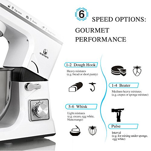 MURENKING Stand Mixer 5.3-Quart 500W,6+P Speed Tilt-Head Kitchen Electric Food Mixers Home Baking Dough Machine with Stainless Steel Bowl,Dough Hooks, Whisk, Beater, Pouring Shield (White)