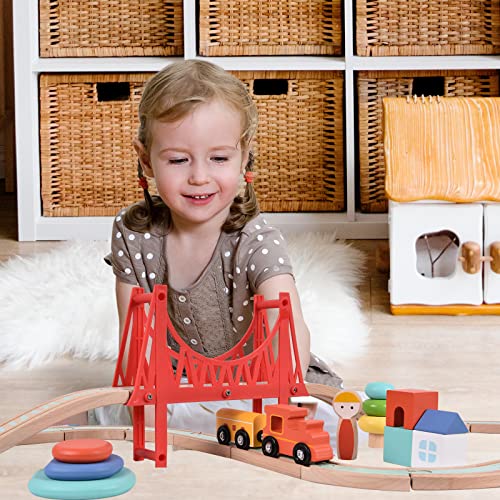 Giant bean Sky City Wooden Train Set for Boys Girls 1 2 3 4, 42 PCS Train Track Set, Railway with Stacking Rings & Rocks Train Accessories, Fits Brio, Melissa & Doug, Thomas and Friends