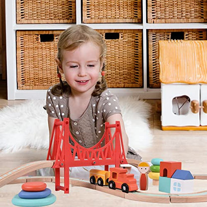 Giant bean Sky City Wooden Train Set for Boys Girls 1 2 3 4, 42 PCS Train Track Set, Railway with Stacking Rings & Rocks Train Accessories, Fits Brio, Melissa & Doug, Thomas and Friends