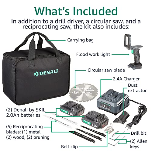 Amazon Brand - Denali by SKIL 20V Cordless Drill, Reciprocating Saw, Circular Saw, and Work Light with (2) 2.0Ah Lithium Batteries, 2.4A Charger, and Carry Bag