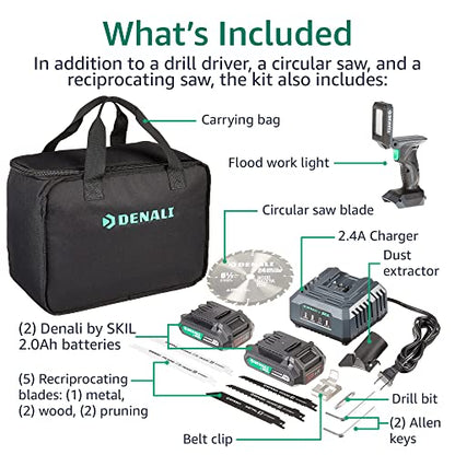 Amazon Brand - Denali by SKIL 20V Cordless Drill, Reciprocating Saw, Circular Saw, and Work Light with (2) 2.0Ah Lithium Batteries, 2.4A Charger, and Carry Bag