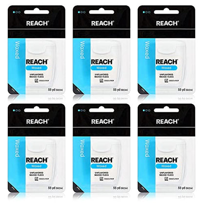 Reach Waxed Dental Floss Bundle | Effective Plaque Removal, Extra Wide Cleaning Surface | Shred Resistance & Tension, Slides Smoothly & Easily, PFAS FREE | Unflavored, 55 YD, 6pk