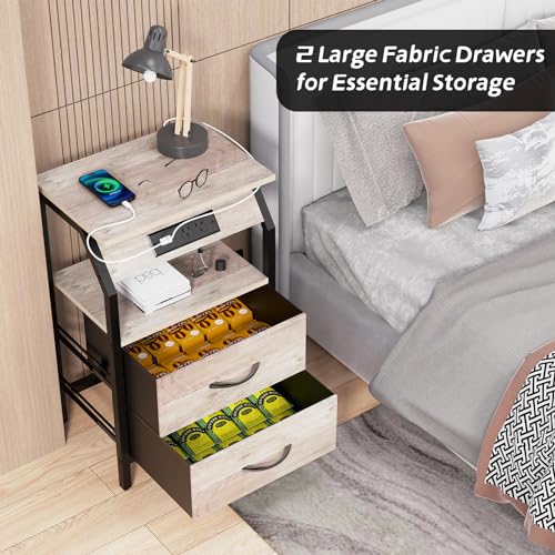 SZLHANJZ Storage End Table, Charging Nightstand with 2 Drawers, Small Fabric Dresser for Bedside, Wood and Metal Side Table for Bedroom, Living Room, Dorm, Grey Oak