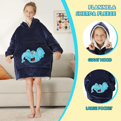 yescool Wearable Blanket Hoodie for Kids - Oversized Sherpa Blanket Sweatshirt Kids with Pocket - Gifts for Kids Girls Boys - Portable Warm Travel Pillow - Teen Wearable Blankets - Blue Elephant