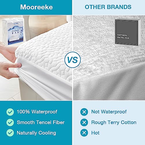 Mooreeke Premium 100% Waterproof Luxury Tencel Mattress Protector Twin Size Breathable Mattress Pad, Deep Pocket Fitted Mattress Cover Smooth Noiseless Softer Than Terry Cotton Bamboo Machine Washable