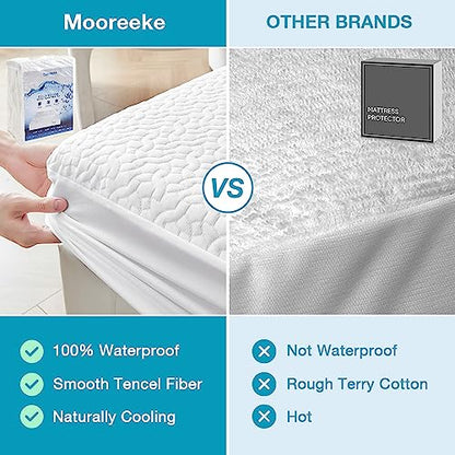Mooreeke Premium 100% Waterproof Luxury Tencel Mattress Protector Twin Size Breathable Mattress Pad, Deep Pocket Fitted Mattress Cover Smooth Noiseless Softer Than Terry Cotton Bamboo Machine Washable