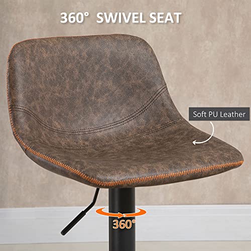 HOMCOM Adjustable Bar Stools, Swivel Bar Height Chairs Barstools Padded with Back for Kitchen, Counter, and Home Bar, Set of 2, Brown