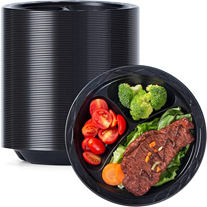 YANGRUI Reusable Plastic Plate, 9 Inch 3 Compartments 150 Pack Food Grade Material BPA Free Black Dinner Plates