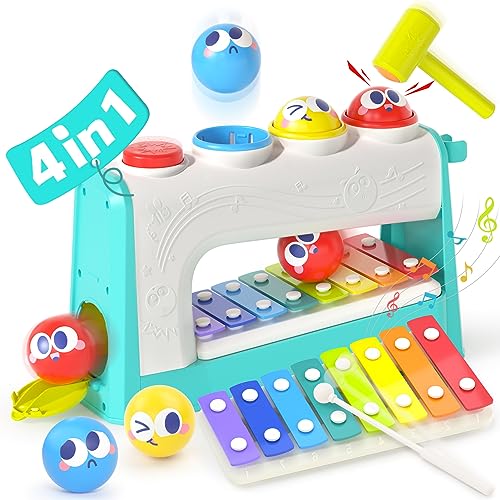 HOLA Toys for 1 Year Old Boy Gifts- 4 in1 Musical Pounding Toy with Xylophone, 1 Year Old Boy Birthday Gift,