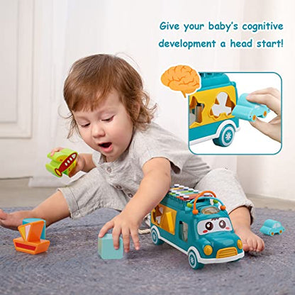 TOY Life Baby Toys 12-18 Months Baby Xylophone Toys Kids Xylophone Baby Toys 6 to 12 18 Months Toys Musical Instruments with Shape Sorter & Building Blocks Shape Sorting Bus Baby Learning Bus