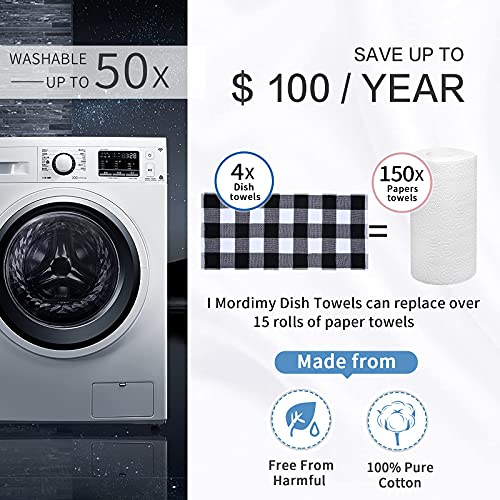 Mordimy 100% Cotton Waffle Weave Kitchen Towels, 13 x 28 Inches, Super Soft and Absorbent Buffalo Check Dish Towels for Drying Dishes, 4-Pack, Black & White