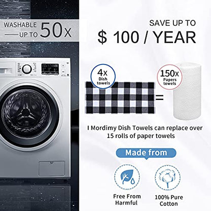 Mordimy 100% Cotton Waffle Weave Kitchen Towels, 13 x 28 Inches, Super Soft and Absorbent Buffalo Check Dish Towels for Drying Dishes, 4-Pack, Black & White
