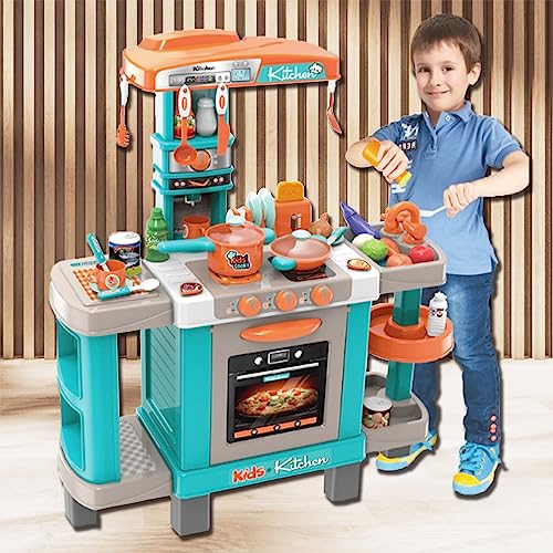 Toddler Play Kitchen- Kitchen Playset Pretend Food - Toy Accessories Set w/Real Sounds & Light, Play Sink, Cooking Stove with Steam, Toddlers Kids 34 inch, Girls & Boys 3+ Years