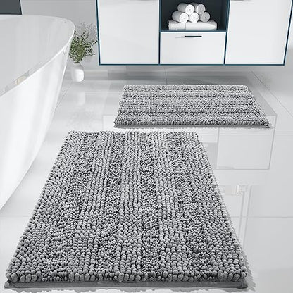 Yimobra Luxury Chenille Bathroom Rugs Sets 2 Piece, Extra Thick Non Slip Quick Dry Bath Mat for Shower Floor, Fluffy Shaggy Microfiber Absorbent Machine Washable Bathmat (Grey, 20" x 32"+17" x 24")