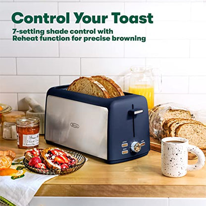 BELLA 4 Slice Toaster, Long Slot & Removable Crumb Tray, 7 Shading Options with Auto Shut Off, Cancel & Reheat Button, Toast Bread & Bagel, Stainless Steel & Blue