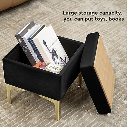 HOUCHICS SquareStorage Ottoman,Soft Footstool with Metal Legs,Black Ottoman Foot Rest for Living Room,Bed Room