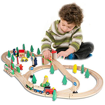 FUNPENY 60 Pcs Colorful Wooden Train and Track Sets,Train Railway Sets Toys for 3+ Years Kids,Boys,Girls Deluxe Holiday Gifts