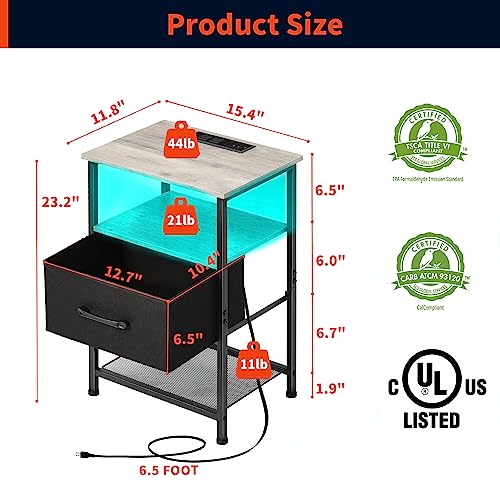 LAKEMID Nightstands Set of 2 with Charging Station and Drawer, End Table Bedside Table with 20 Colors LED Light Strip and 2 Layers Shelf for Bedroom Living Room Sofa (Grey)
