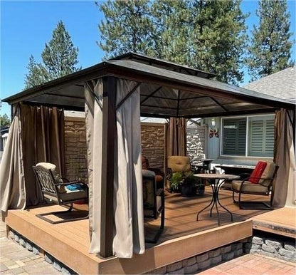 YOLENY 10'x13' Hardtop Gazebo, Outdoor Polycarbonate Double Roof Canopy, Aluminum Frame Permanent Pavilion with Curtains and Netting, Sunshade for Garden, Patio, Lawns