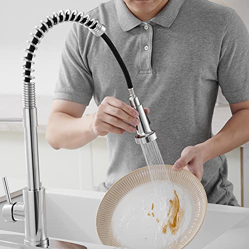 VOTON Kitchen Faucets with Pull Out Sprayer Commercial Spring Sink Faucet Stainless Steel Chrome Pull Down Single Handle Farmhouse faucets with Deck Plate for Camper Laundry Utility Rv Wet Bar