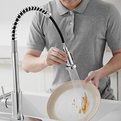 VOTON Kitchen Faucets with Pull Out Sprayer Commercial Spring Sink Faucet Stainless Steel Chrome Pull Down Single Handle Farmhouse faucets with Deck Plate for Camper Laundry Utility Rv Wet Bar