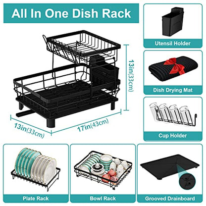 XILIDIA Dish Racks for Kitchen Counter, 2 Tier Dish Drying Rack with Drainboard, Large Capacity Dish Drainer with Utensil Holder and Extra Dish Drying Mat
