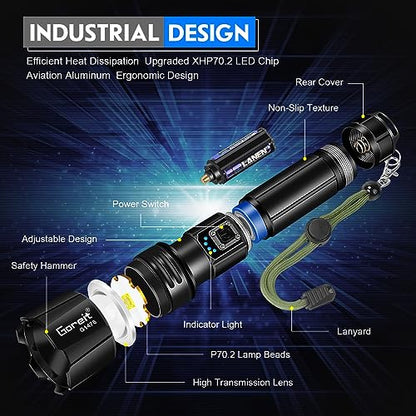 Goreit Flashlight High Lumens Rechargeable, 200000 Lumen Led Flashlights XHP70.2 USB Super Bright Flash Light Battery Powered, Powerful Handheld Flashlights for Emergencies Camping, IP67 Waterproof