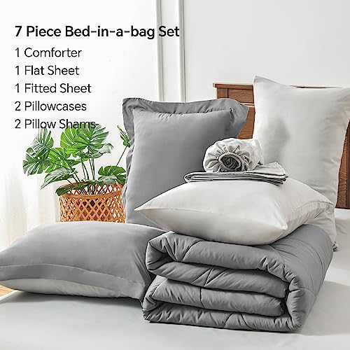BEDELITE Queen Comforter Set 7 Pieces Bed in A Bag - Soft Microfiber Reversible Grey Bed Set with Comforters, Sheets, Pillowcases & Shams, Cozy Luxury Bedding Sets for All Season