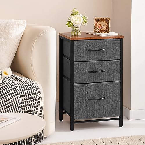 Yoobure Nightstand with Drawer, Night Stand Bedside Table with 3 Storage Drawers, Kid Nightstand with Three Fabric Drawer Modern Night Table, Bed Side Tables for Bedroom, Dorm and Small Spaces