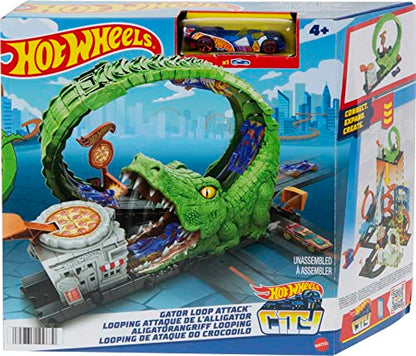 Hot Wheels Toy Car Track Set Gator Loop Attack Playset in Pizza Place with 1:64 Scale Car, Connects to Other Sets