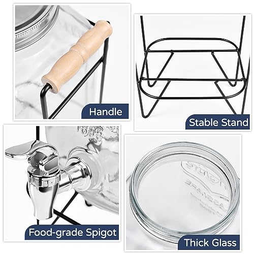 Glass Beverage Dispenser with Sturdy Metal Base and Spigots - 4L Capacity, Sealed Wooden Lid, Wine Barrel Ideal for Beverages, Alcohol, Kombucha and Detergent