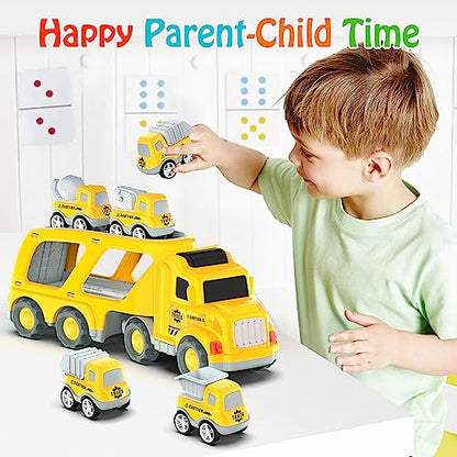 Toddler Car Toys for 3 4 5 Years Old Construction Transport Truck with 4 Pack Small Pull Back Construction Vehicles Friction Power Cars Christmas Birthday Gifts for Kids Boys Girls