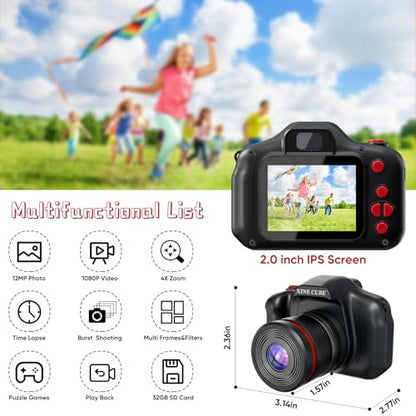 Kids Digital Camera, NINE CUBE Black Toddler Camera for Age 3-7 Kids, Best Gift for Girls Boys Long Lens Toy Video Camera,Mini Toys Gift for 3 4 5 6 Years Old,Children's Digital Camera with 32G Card