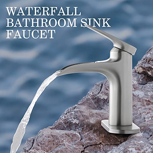 Brushed Nickel Bathroom Faucet, YardMonet Waterfall Bathroom Faucet with Pop Up Drain Single Hole Bathroom Faucet, Single Handle Bathroom Sink Faucet, RV Faucet Brass