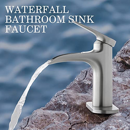Brushed Nickel Bathroom Faucet, YardMonet Waterfall Bathroom Faucet with Pop Up Drain Single Hole Bathroom Faucet, Single Handle Bathroom Sink Faucet, RV Faucet Brass
